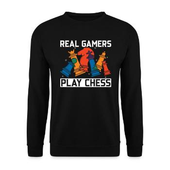 Echte Spieler spielen Schachbrettspiel Schachspieler - Unisex Pullover - Schwarz - Vorne - Alina (178cm) & Michal (187cm)