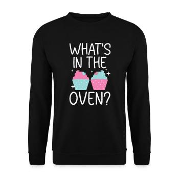 Was ist im Ofen Baby Ankündigung Geschlecht Enthüllung - Unisex Pullover - Schwarz - Vorne - Alina (178cm) & Michal (187cm)