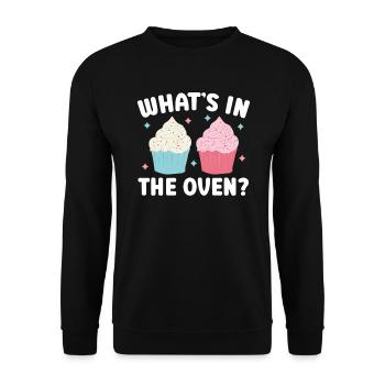 Was ist im Ofen Baby Ankündigung Geschlecht Enthüllung - Unisex Pullover - Schwarz - Vorne - Alina (178cm) & Michal (187cm)