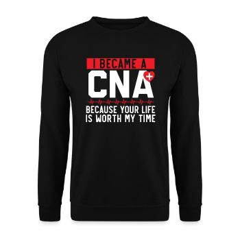Zertifizierte Pflegehelferin CNA - Unisex Pullover - Schwarz - Vorne - Alina (178cm) & Michal (187cm)