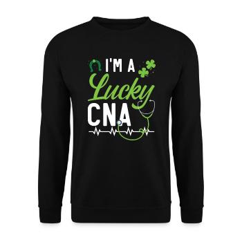 Lucky CNA zertifizierte Pflegehelferin - Unisex Pullover - Schwarz - Vorne - Alina (178cm) & Michal (187cm)