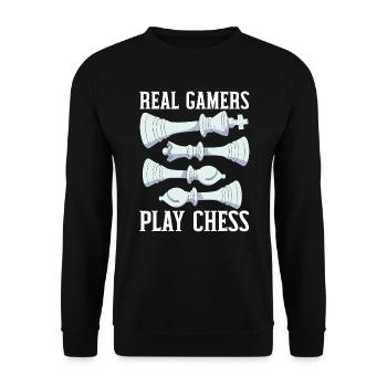 Schachbrettspiel Schachmatt Strategie Schachspieler - Unisex Pullover - Schwarz - Vorne - Alina (178cm) & Michal (187cm)