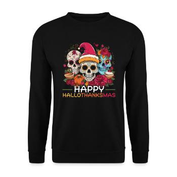 Hallothanksmas Halloween Thanksgiving Weihnachten - Unisex Pullover - Schwarz - Vorne - Alina (178cm) & Michal (187cm)