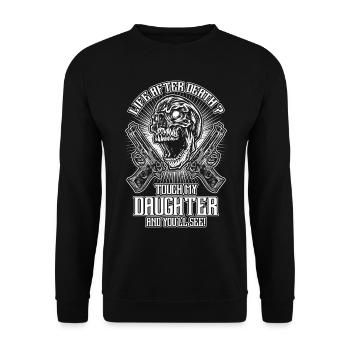Fass meine Tochter nicht an - EN - Unisex Pullover - Schwarz - Vorne - Alina (178cm) & Michal (187cm)