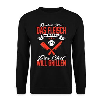 grillen griller bbq fleisch herren spruch lustig - Unisex Pullover - Schwarz - Vorne - Alina (178cm) & Michal (187cm)
