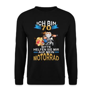 ICH BIN 70 BITTE HELFEN SIE MIR AUF MEIN MOTORRAD - Unisex Pullover - Schwarz - Vorne - Alina (178cm) & Michal (187cm)
