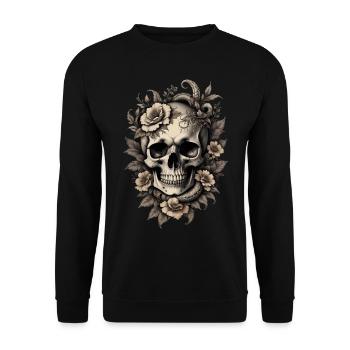 Vintage Sepia Totenkopf Schädel Original Blumen - Unisex Pullover - Schwarz - Vorne - Alina (178cm) & Michal (187cm)