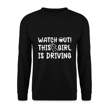 Pass auf Dieses Mädchen fährt - Fahrschulprüfung - Unisex Pullover - Schwarz - Vorne - Alina (178cm) & Michal (187cm)