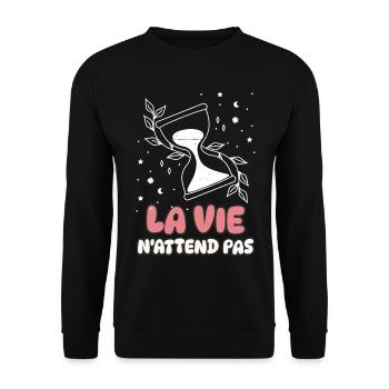 Das Leben wartet nicht - Unisex Pullover - Schwarz - Vorne - Alina (178cm) & Michal (187cm)