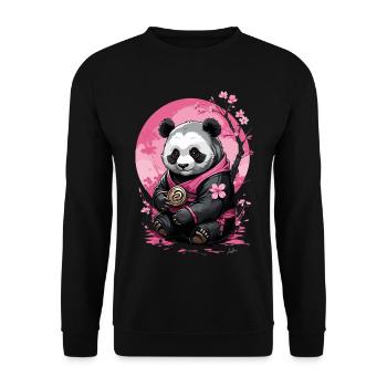 Rosa Panda im geblümten Kimono - Unisex Pullover - Schwarz - Vorne - Alina (178cm) & Michal (187cm)