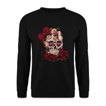 Zucker Schädel Rosen Tag der Toten Geschenk - Unisex Pullover - Schwarz - Vorne - Alina (178cm) & Michal (187cm)