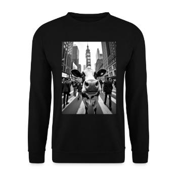 Lustige Kuh Selfie in einer belebten Stadt - Unisex Pullover - Schwarz - Vorne - Alina (178cm) & Michal (187cm)