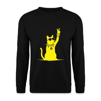 Gelbe Rocker Katze – Cooles Design für Musikfans - Unisex Pullover - Schwarz - Vorne - Alina (178cm) & Michal (187cm)