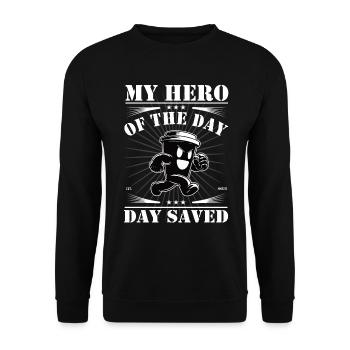 Kaffeebecher rettet den Tag - Kaffee Design - Unisex Pullover - Schwarz - Vorne - Alina (178cm) & Michal (187cm)