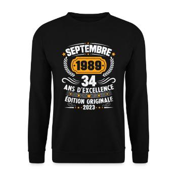 Cadeau anniversaire 34 Ans septembre 1989 Vintage - Sweat-shirt Unisexe - noir - Devant - Alina (178cm) & Michal (187cm)