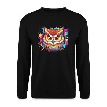 Farbenfrohe Eule aus einem Farbklecks, Comic-Art - Unisex Pullover - Schwarz - Vorne - Alina (178cm) & Michal (187cm)