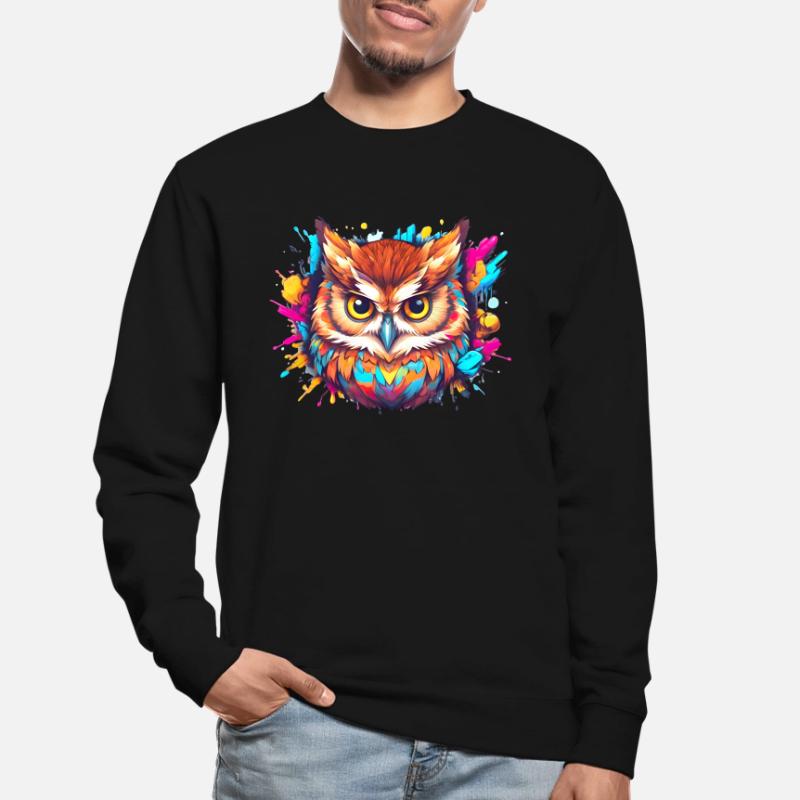 Farbenfrohe Eule aus einem Farbklecks, Comic-Art Unisex Pullover