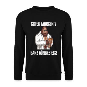 Guten Morgen - Ganz dünnes Eis Spruch Kaffee - Unisex Pullover - Schwarz - Vorne - Alina (178cm) & Michal (187cm)