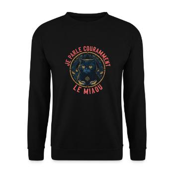 Art-Deco Katzenportrait - Ich spreche das Miauen - Unisex Pullover - Schwarz - Vorne - Alina (178cm) & Michal (187cm)