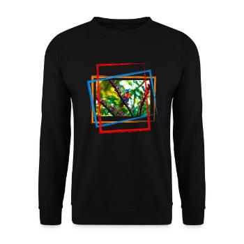 Bunter Papagei auf einem Ast mit farbigen Akzenten - Unisex Pullover - Schwarz - Vorne - Alina (178cm) & Michal (187cm)