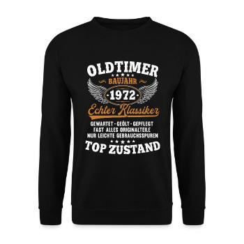 Oldtimer Baujahr 1972 Jahrgang Geburtstag Geschenk - Unisex Pullover - Schwarz - Vorne - Alina (178cm) & Michal (187cm)