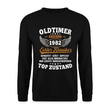 Oldtimer Baujahr 1982 Jahrgang Geburtstag Geschenk - Unisex Pullover - Schwarz - Vorne - Alina (178cm) & Michal (187cm)