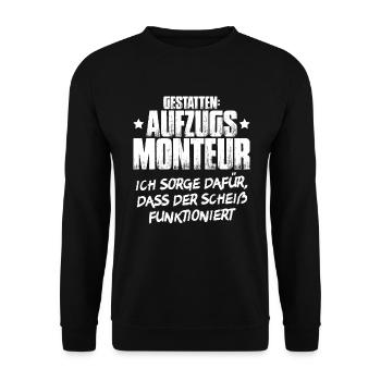 Aufzugsmonteur Aufzugsmechaniker Elevator Mechanic - Unisex Pullover - Schwarz - Vorne - Alina (178cm) & Michal (187cm)