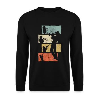 Retro Trompeter Trompete Trompetenspieler - Unisex Pullover - Schwarz - Vorne - Alina (178cm) & Michal (187cm)