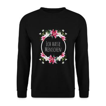 Ich hasse Menschen mit Blumenkranz - Unisex Pullover - Schwarz - Vorne - Alina (178cm) & Michal (187cm)