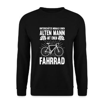 Fahrrad Unterschätze Niemals Einen Alten Mann - Unisex Pullover - Schwarz - Vorne - Alina (178cm) & Michal (187cm)
