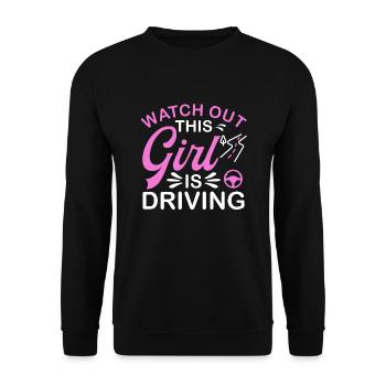 Pass auf Dieses Mädchen fährt Führerschein - Unisex Pullover - Schwarz - Vorne - Alina (178cm) & Michal (187cm)
