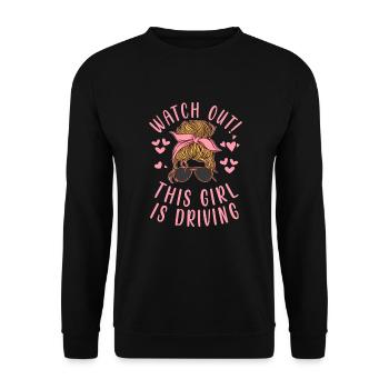 Pass auf Dieses Mädchen fährt - Fahrprüfung - Unisex Pullover - Schwarz - Vorne - Alina (178cm) & Michal (187cm)