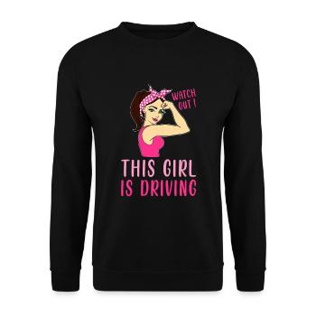 Pass auf Dieses Mädchen fährt - Fahrschule - Unisex Pullover - Schwarz - Vorne - Alina (178cm) & Michal (187cm)