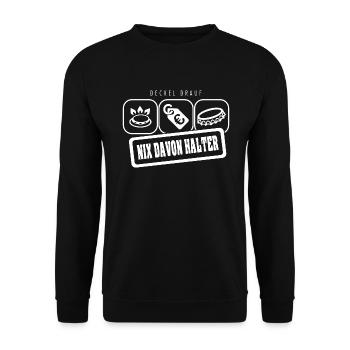 Gaspreis Deckel Nix von Halter - Unisex Pullover - Schwarz - Vorne - Alina (178cm) & Michal (187cm)