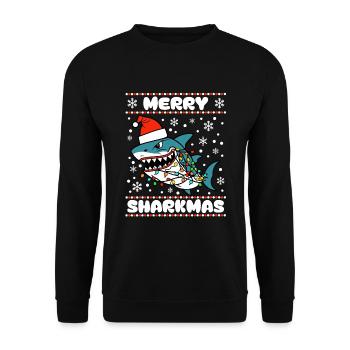 Merry Sharkmas Ugly Christmas Sweater Shark Ocean - Unisex Sweatshirt - black - Front - Alina (178cm) & Michal (187cm)