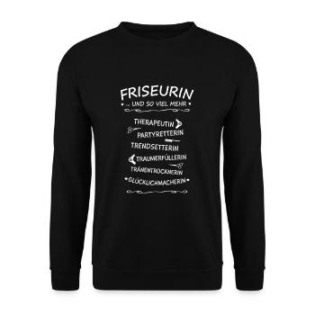 Friseurin & mehr - Friseur Outfit, Geschenk Salon - Unisex Pullover - Schwarz - Vorne - Alina (178cm) & Michal (187cm)