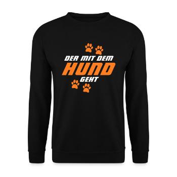 DER MIT DEM HUND GEHT - HUNDELIEBE - HUNDEFREUND - Unisex Pullover - Schwarz - Vorne - Alina (178cm) & Michal (187cm)