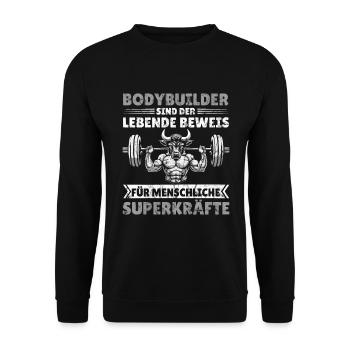 Bodybuilder Superkräfte Gym Spruch Motivation - Unisex Pullover - Schwarz - Vorne - Alina (178cm) & Michal (187cm)