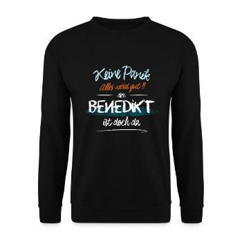 Benedikt - Keine Panik. Alles wird gut - Unisex Pullover - Schwarz - Vorne - Alina (178cm) & Michal (187cm)