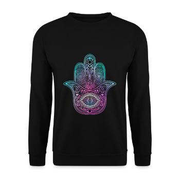 Hamsa Symbol Yoga Hand mit Auge - Unisex Pullover - Schwarz - Vorne - Alina (178cm) & Michal (187cm)