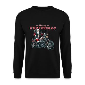 Cooler Weihnachtsmann auf Motorrad, Bike zu Xmas - Unisex Pullover - Schwarz - Vorne - Alina (178cm) & Michal (187cm)