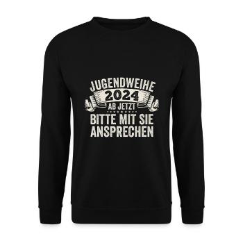 Jugendweihe 2024 Ab Jetzt Bitte Mit Sie Ansprechen - Unisex Pullover - Schwarz - Vorne - Alina (178cm) & Michal (187cm)