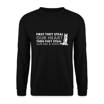 First They Steal Our Heart Siberian Husky - Unisex Pullover - Schwarz - Vorne - Alina (178cm) & Michal (187cm)