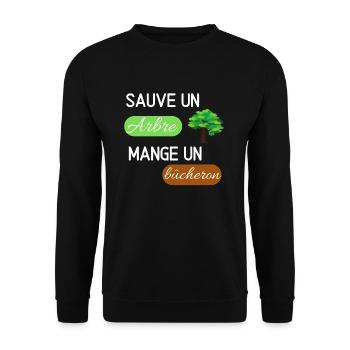 t shirt sauve un arbre mange un bûcheron humour - Sweat-shirt Unisexe - noir - Devant - Alina (178cm) & Michal (187cm)