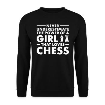 Chess Player Never Underestimate The Power Of Girl - Unisex Pullover - Schwarz - Vorne - Alina (178cm) & Michal (187cm)