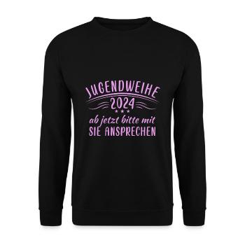 Jugendweihe 2024 Ab Jetzt Bitte Mit Sie Ansprechen - Unisex Pullover - Schwarz - Vorne - Alina (178cm) & Michal (187cm)