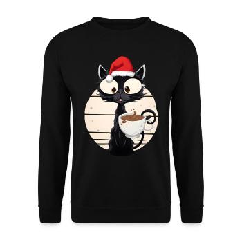 Kaffeekatze mit Weihnachtsmütze Kaffee Xmas Katze - Unisex Pullover - Schwarz - Vorne - Alina (178cm) & Michal (187cm)