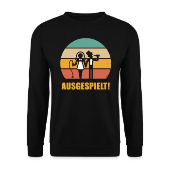 Ausgespielt! (JGA / Peitsche / Bier / Sonne / 5C) - Unisex Pullover - Schwarz - Vorne - Alina (178cm) & Michal (187cm)