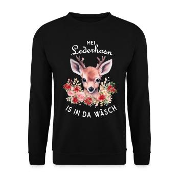 Mei Lederhosn is in da Wäsch Hirschgeweih Reh - Unisex Pullover - Schwarz - Vorne - Alina (178cm) & Michal (187cm)