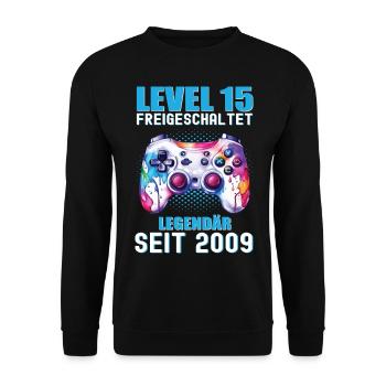 15. Geburtstag Level 15 Freigeschaltet Gamer - Unisex Pullover - Schwarz - Vorne - Alina (178cm) & Michal (187cm)